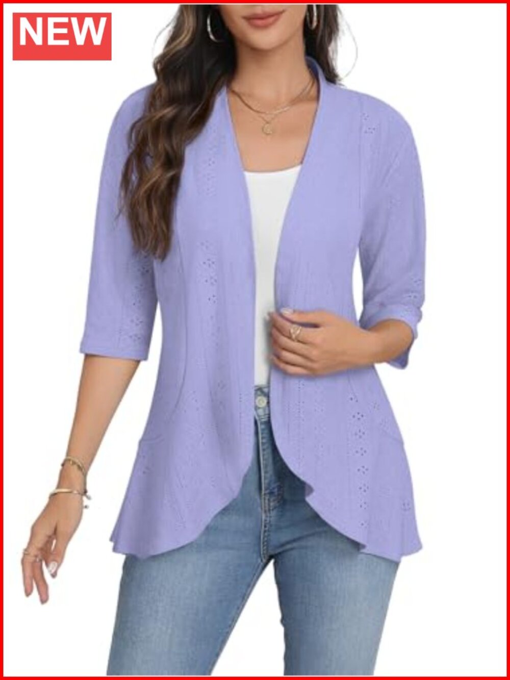 Women's Open Front Cardigan 3/4 Sleeve Lightweight Netted Knit Ruffled Kimono